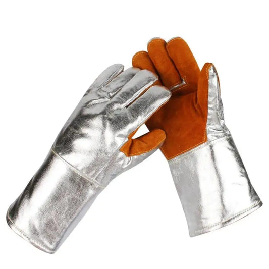 HANMECH® Premium Aluminized Leather Hand Gloves, High Temperature Heat & Fire Resistant Safety Gloves for Welding, Metal Handling & Industrial Use, 14″