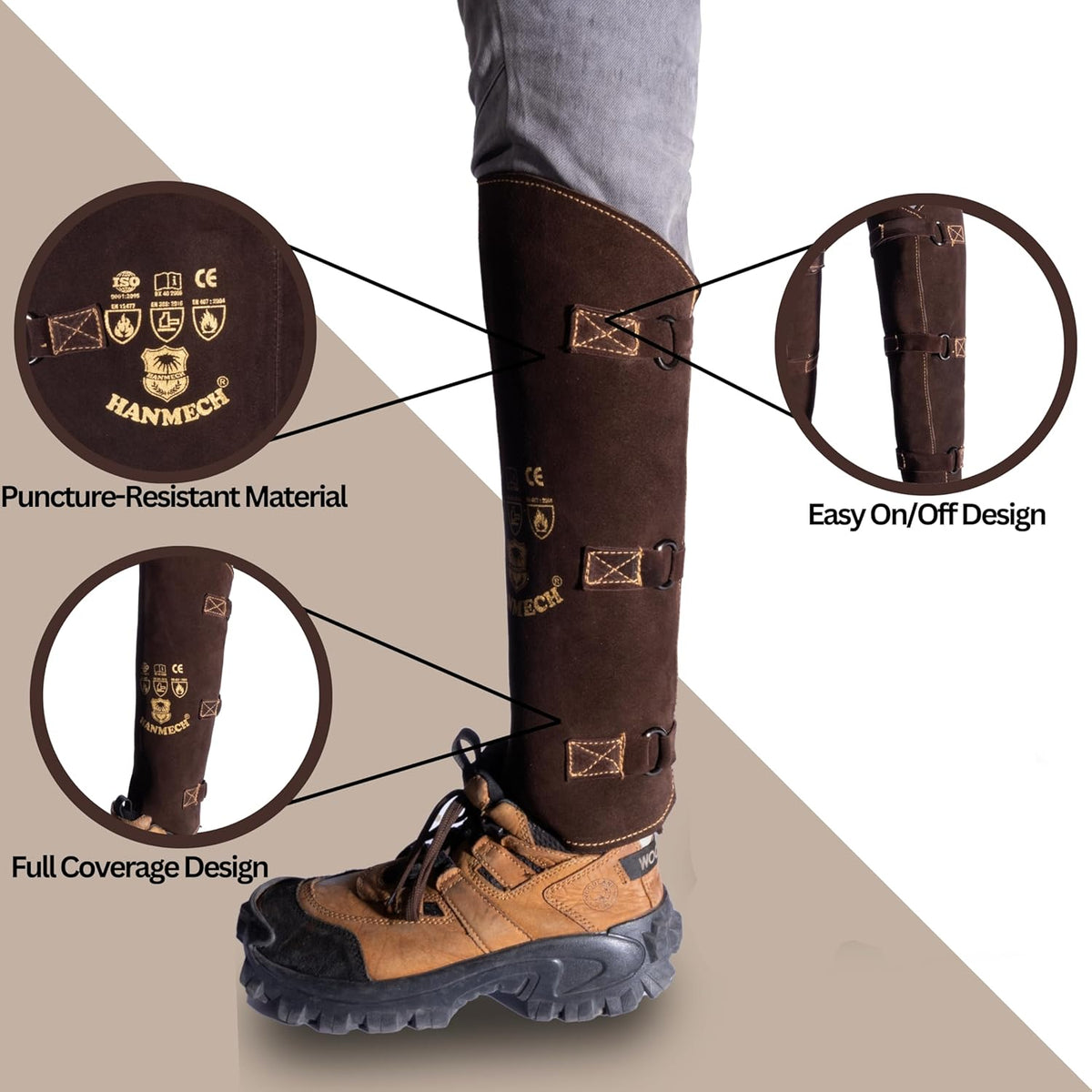 HANMECH long leather snake gaiters for lower leg and shin protection