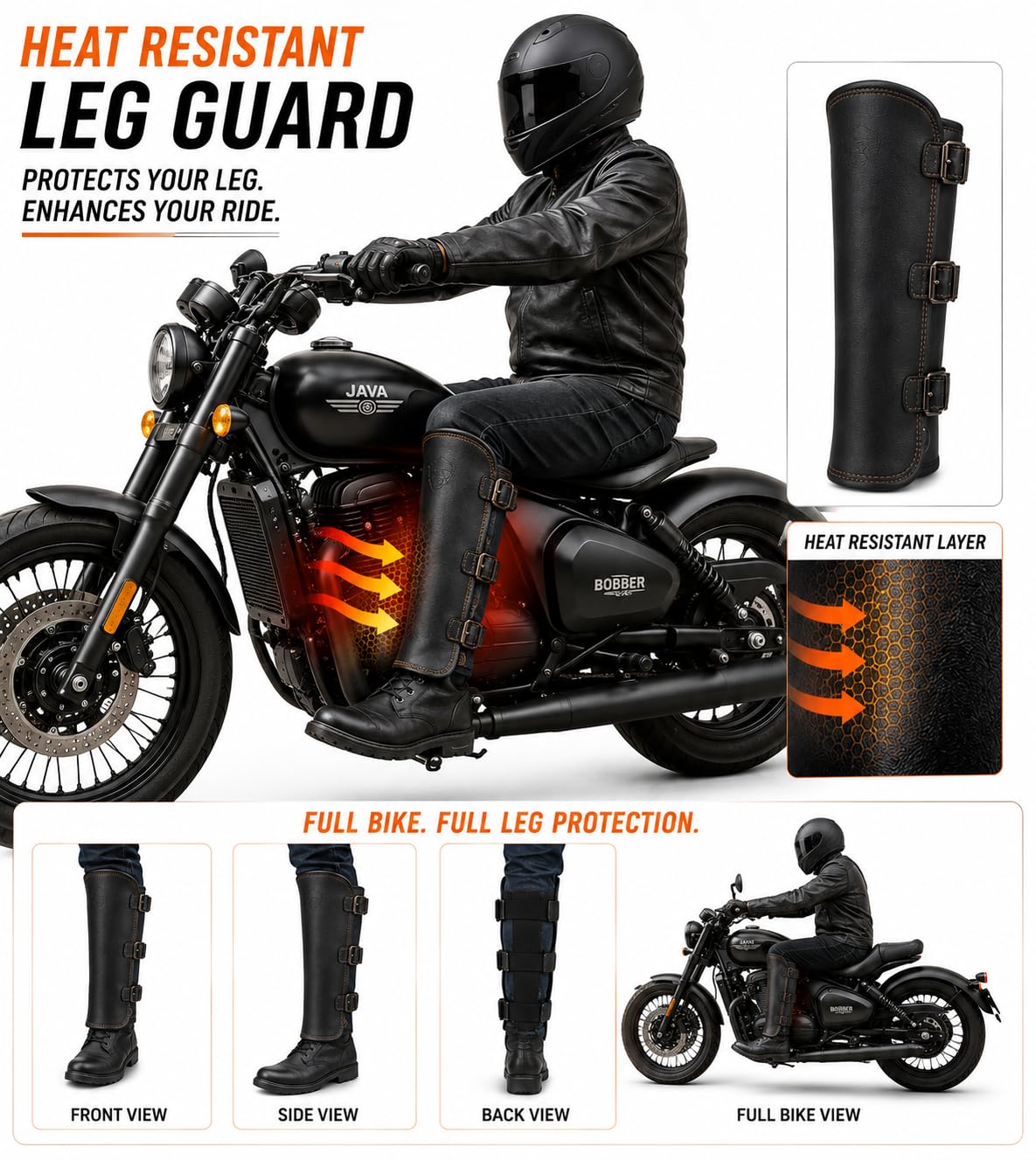 Motorcycle Heat Shield Leg Guard, Premium Leather, Motorcycle leg Protector Mud Guard