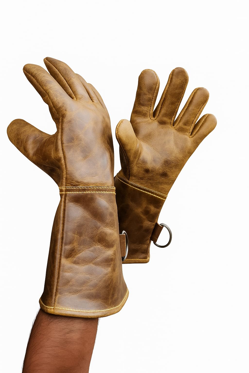 This leather animal handling gloves providing bite protection while safely handling a dog and reptile, designed for durable and secure animal handling.