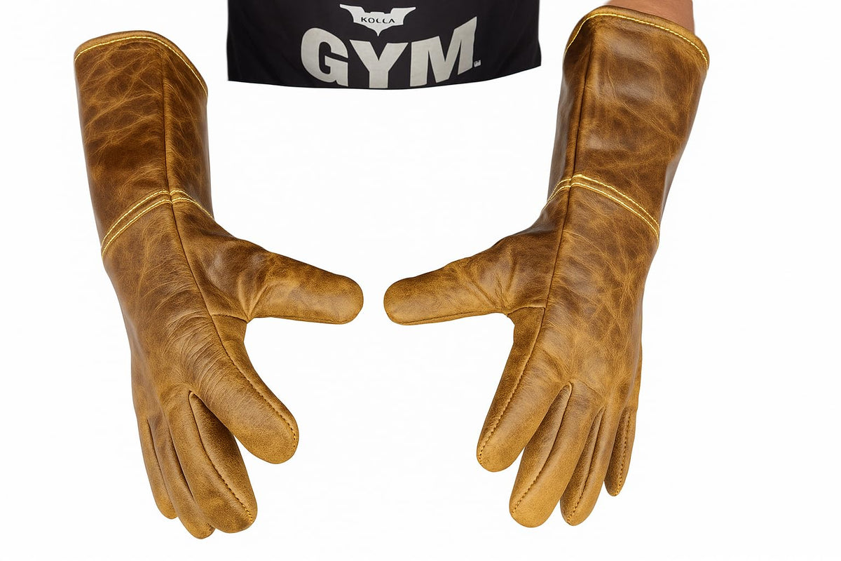 This leather animal handling gloves providing bite protection while safely handling a dog and reptile, designed for durable and secure animal handling.